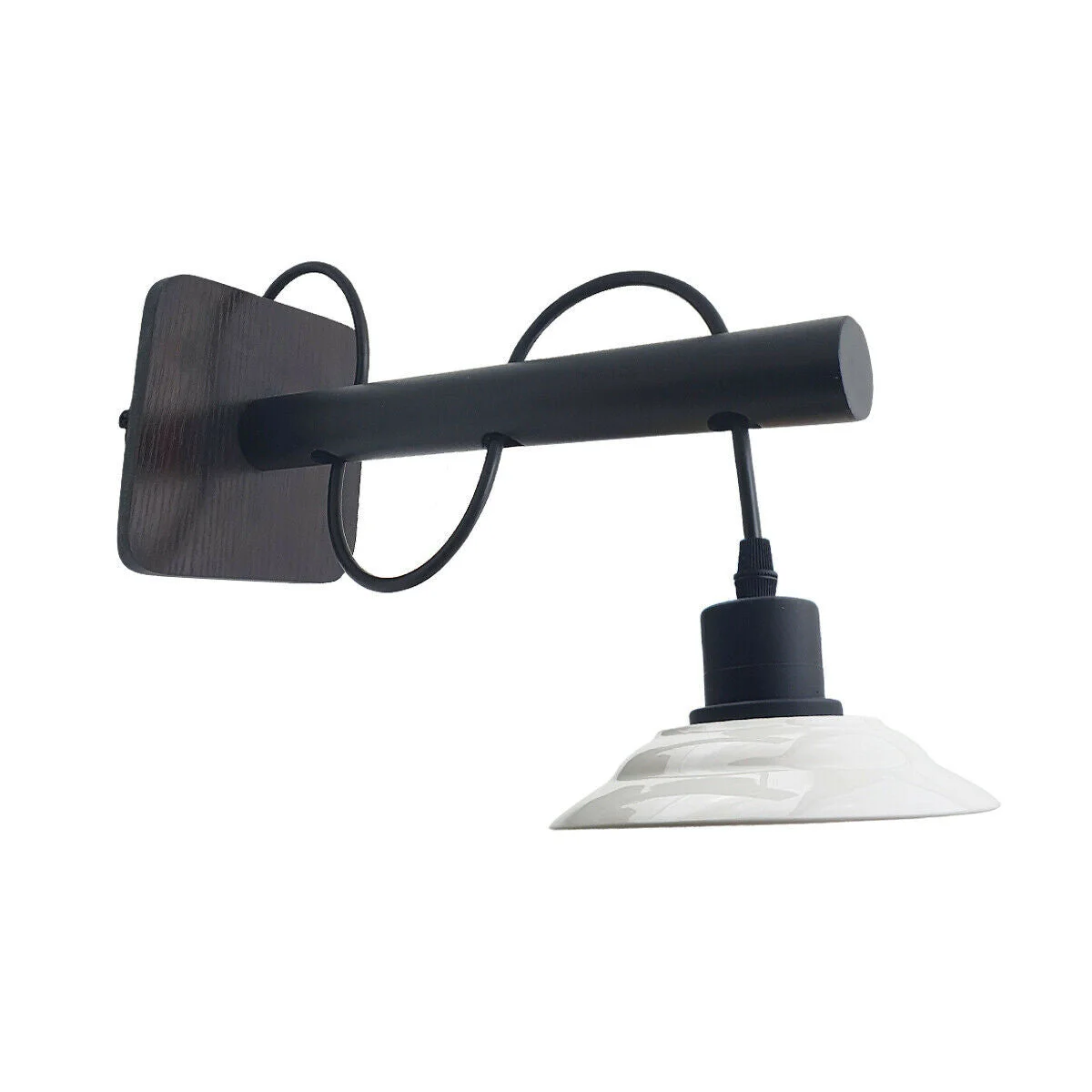 Modern wall light with black scone wooden base and white ceramic shade, showcasing industrial vintage design mounted on wall