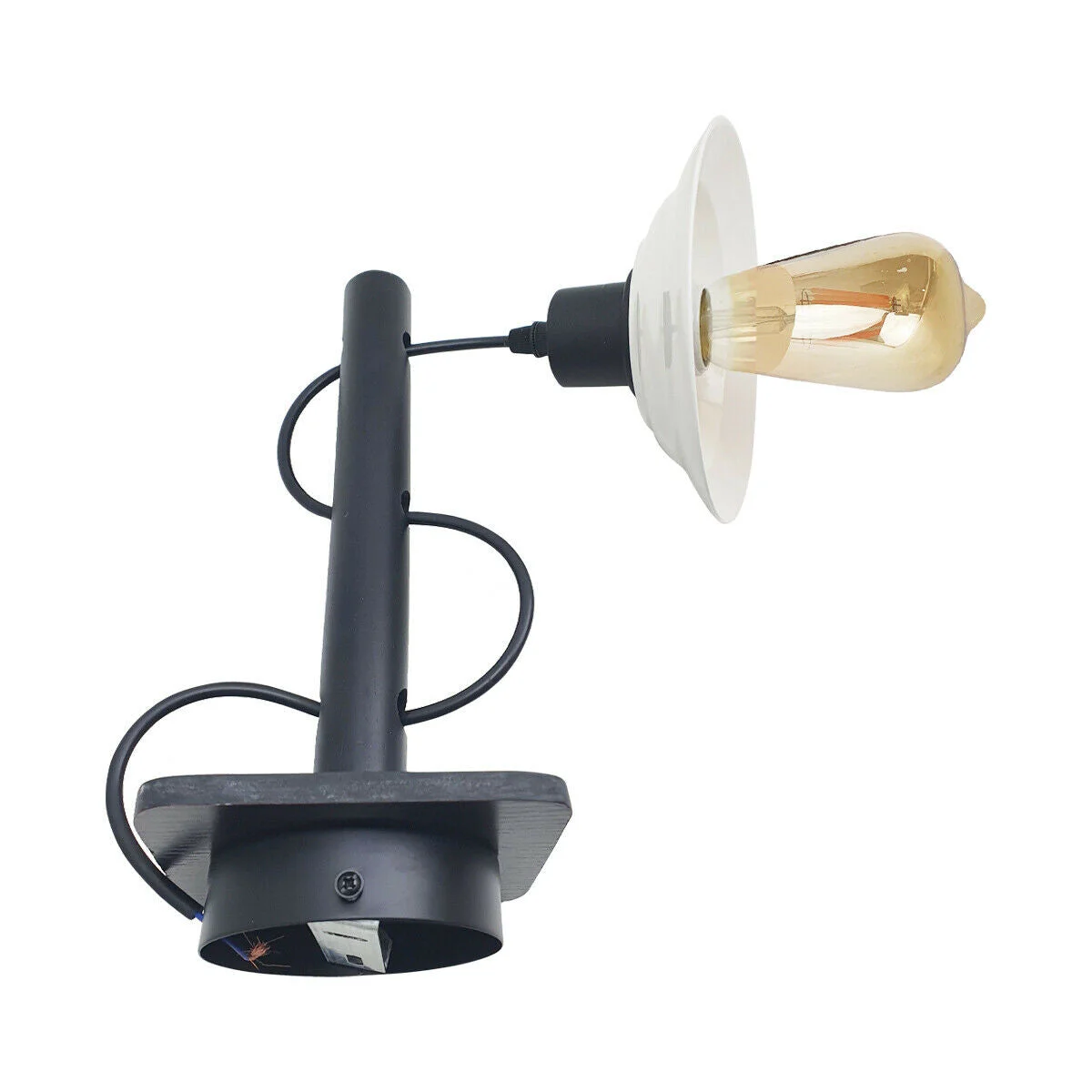 Modern wall light with black wooden sconce and white ceramic shade, showing installation hardware and mounting details