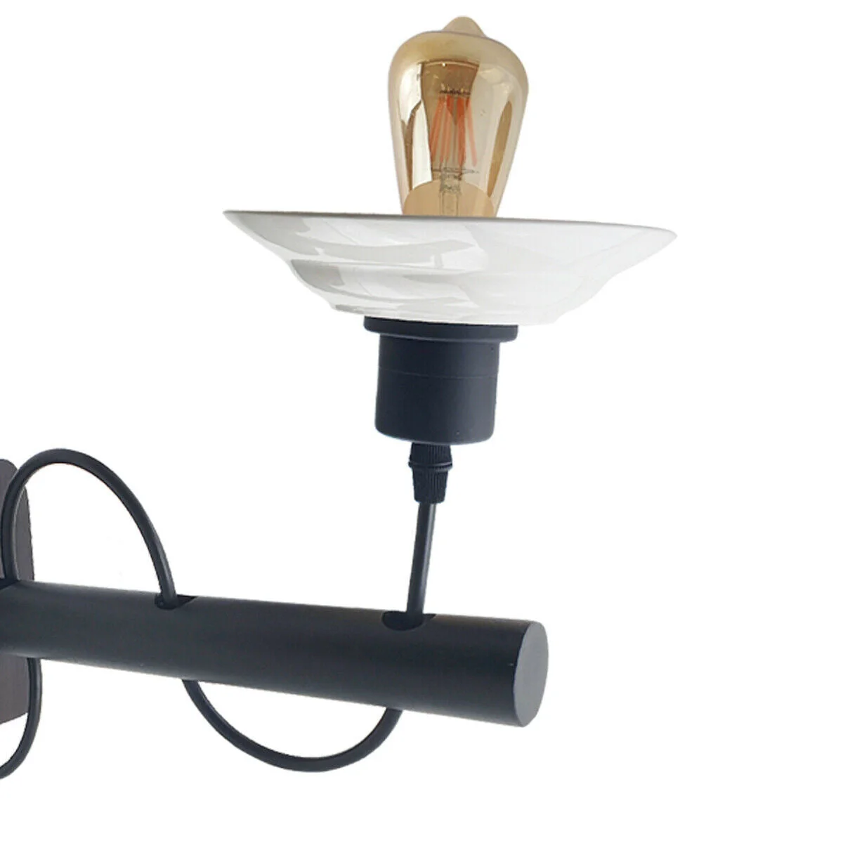 Modern wall light with black wooden sconce and white ceramic shade mounted on a white wall, showing soft warm lighting