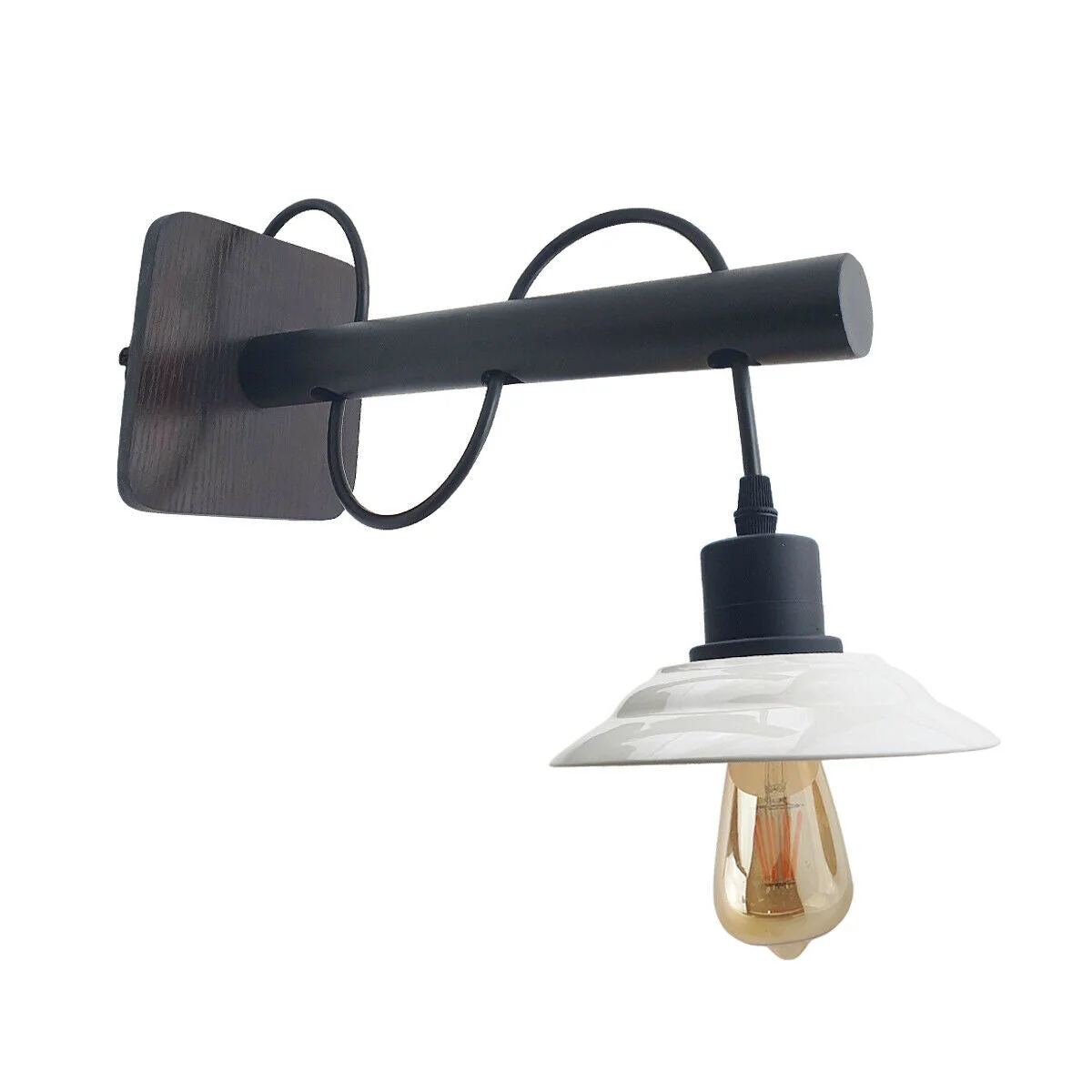 Modern wall light with black wooden scone and white ceramic shade, mounted on a white wall, showing exposed hardware details