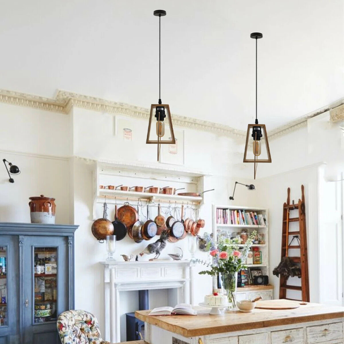 Modern wood and black metal E27 ceiling light pendant with 105cm cable and 9cm ceiling plate, includes dimmable LED bulb