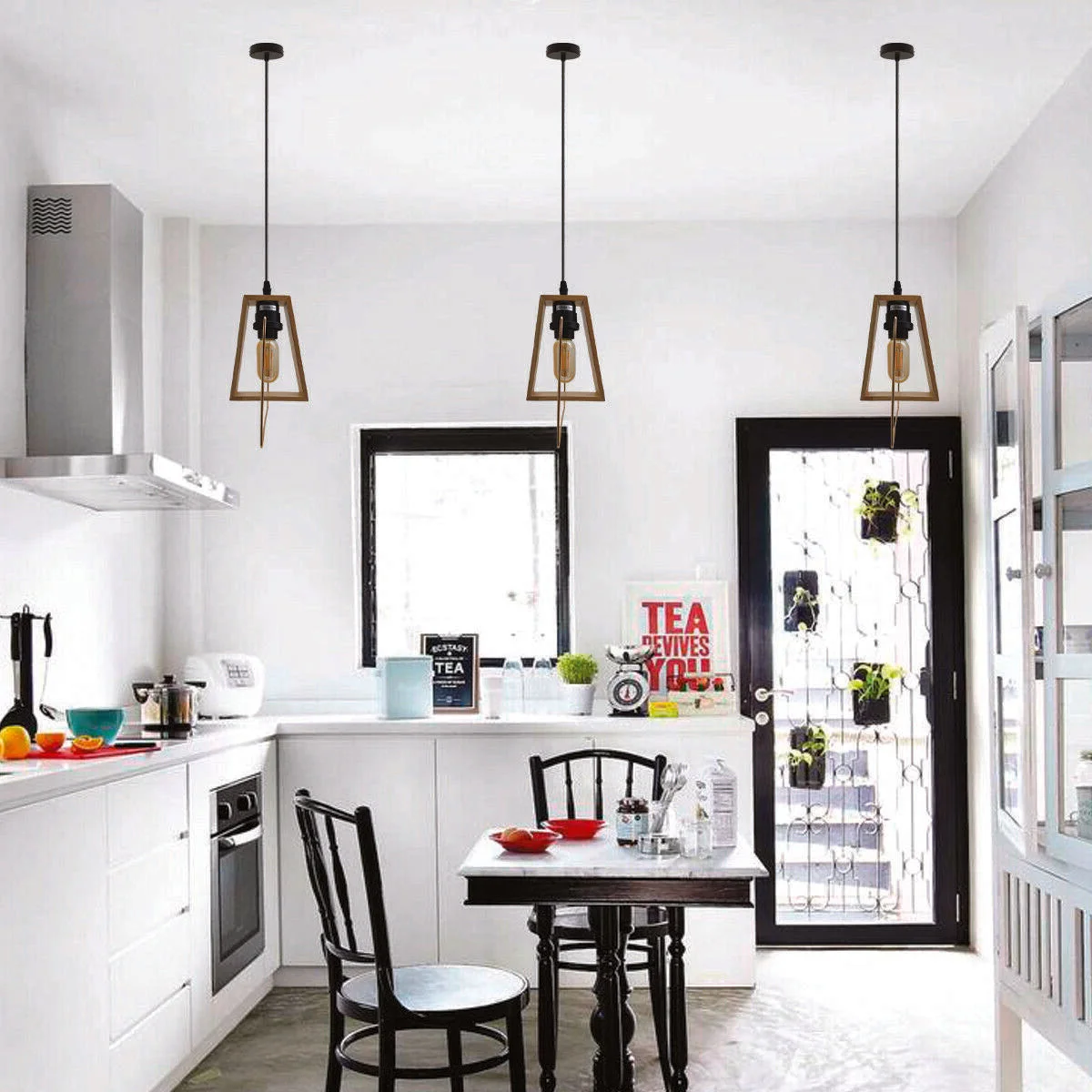 Modern wood and black metal ambient lighting fixture with E27 bulb and 105cm cable hanging from ceiling plate