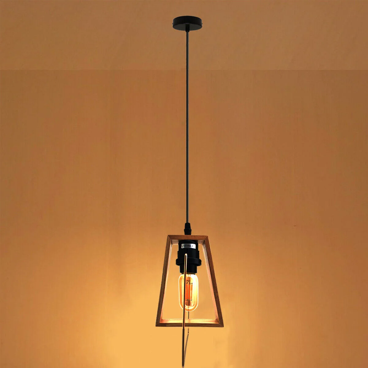 Modern black and wood space saving pendant light with E27 bulb and 105cm cable hanging from ceiling plate