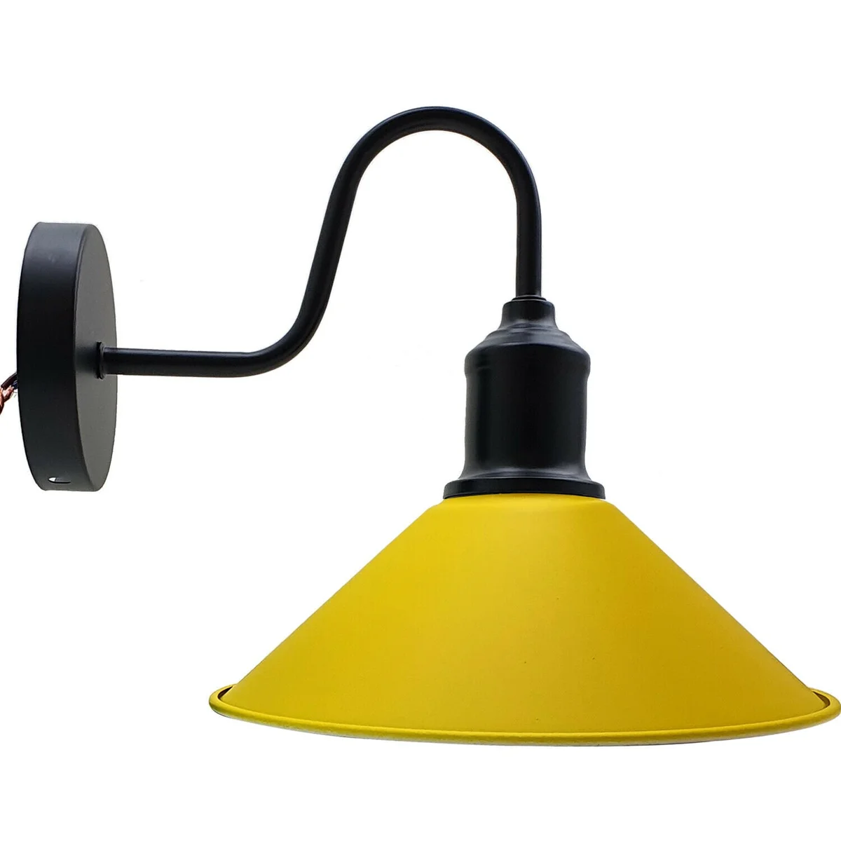 Modern retro industrial yellow wall light with cone-shaped metal shade and white interior, wall mounted sconce lamp fixture