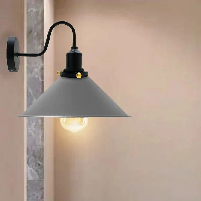 Grey wall mounted light with a sleek cone metal shade and matte finish, featuring E27 bulb included, industrial style