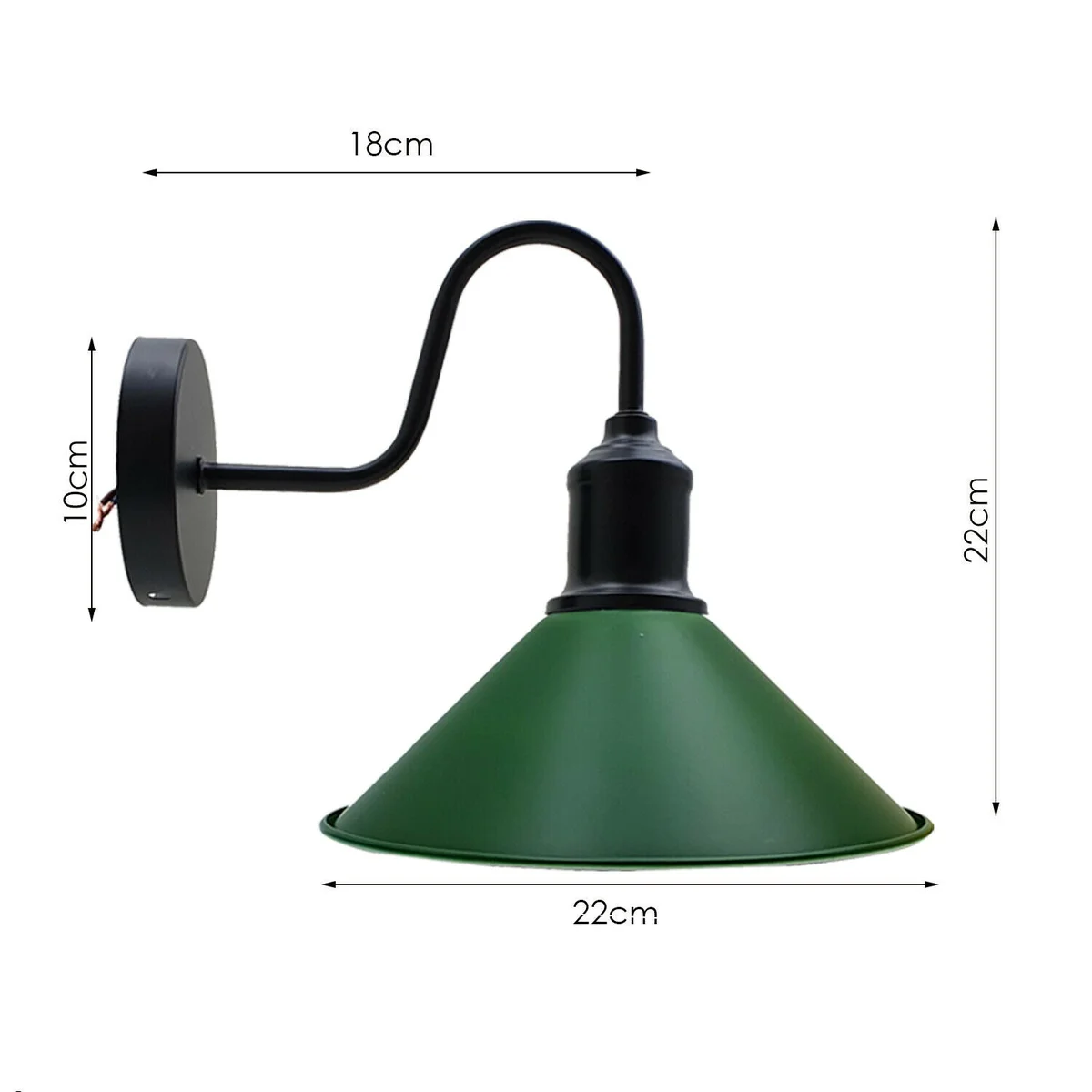 Green modern retro rustic sconce lamp with metal cone shade mounted on wall, featuring E27 bulb and matte finish