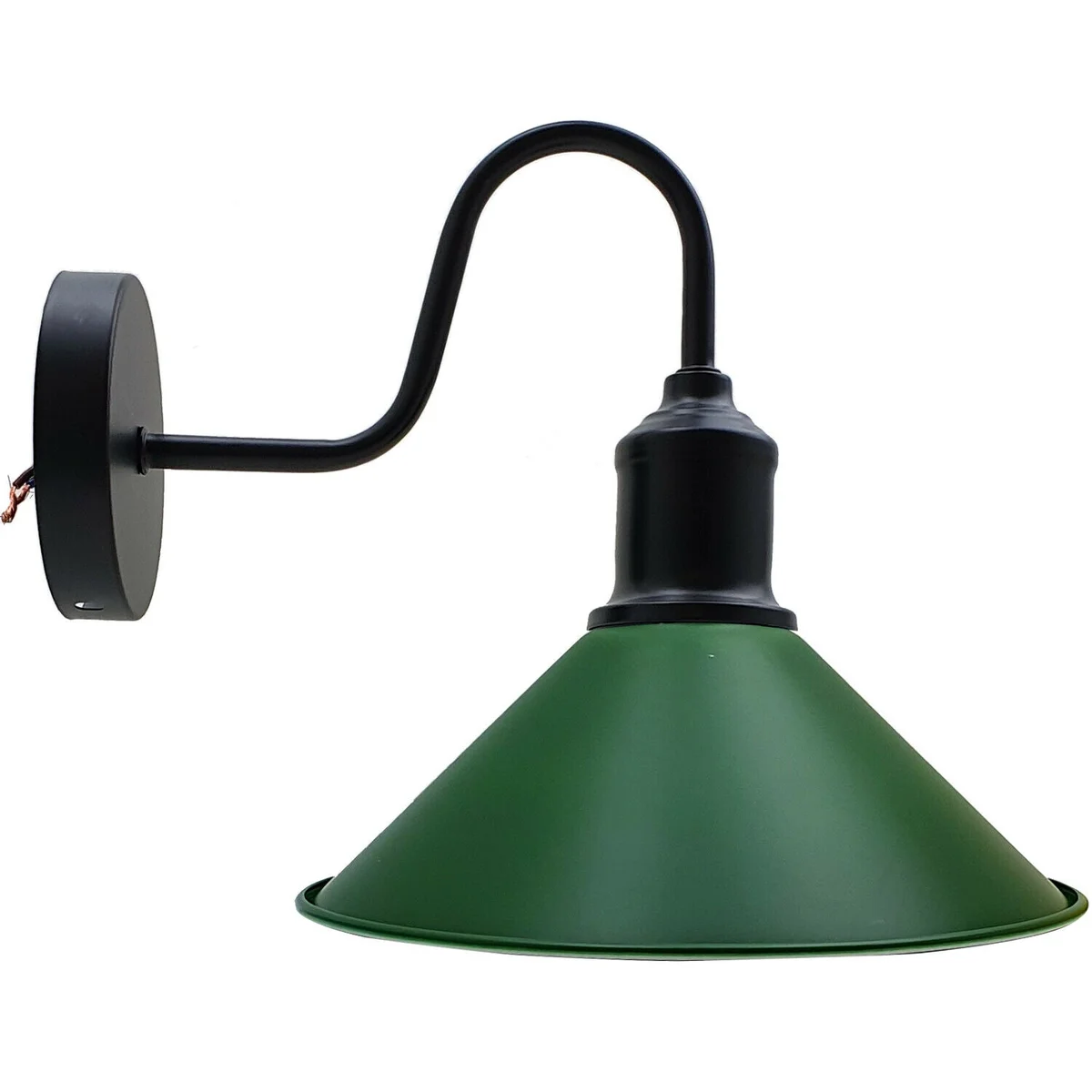 Green metal wall light fixture with cone shade, wall-mounted sconce lamp with E27 bulb included, rustic industrial style