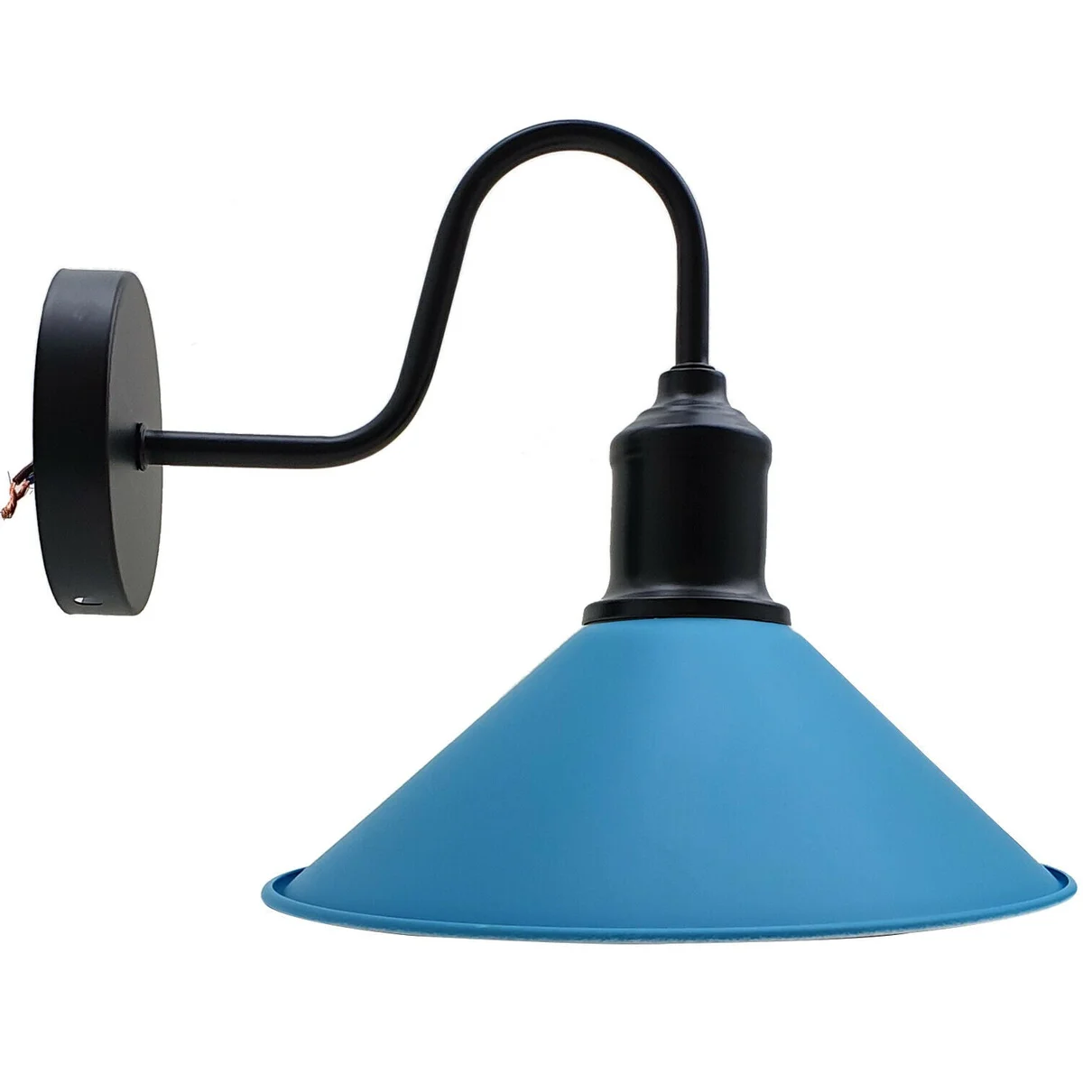 Green modern retro industrial wall lights with cone shade and metal arm mounted on a wall with a rustic finish