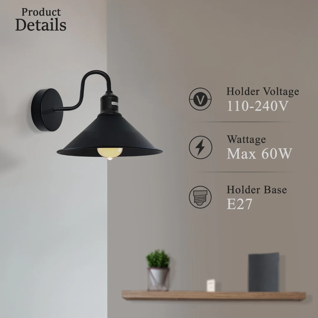 Industrial black metal E27 wall lamp with swan neck arm and cone shade, vintage style for indoor use.