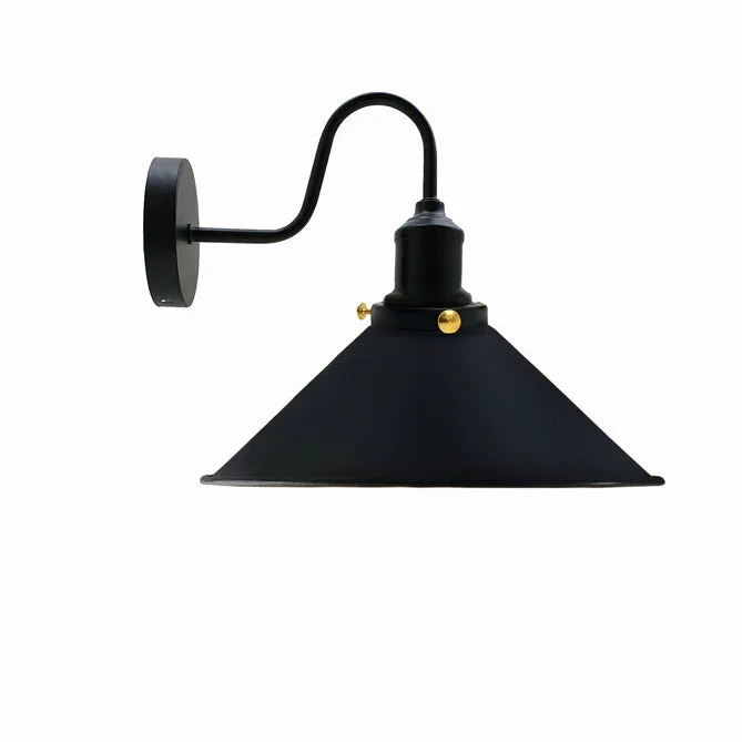 Black industrial wall light with swan neck arm and cone shade mounted on a white wall indoors