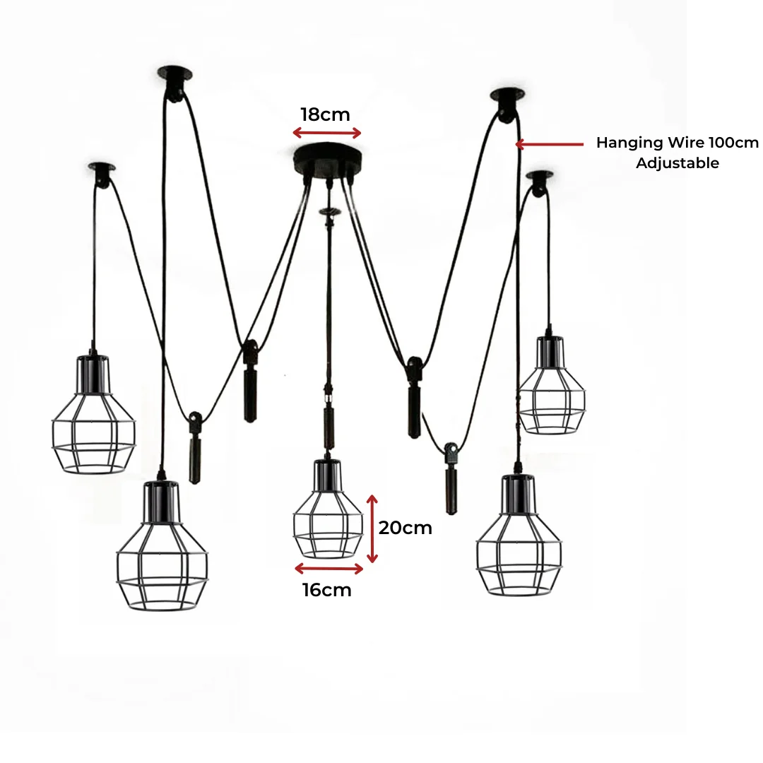 Five black metal wire cage pendant lights with E27 dimmable chandelier bulbs hanging from long adjustable cords