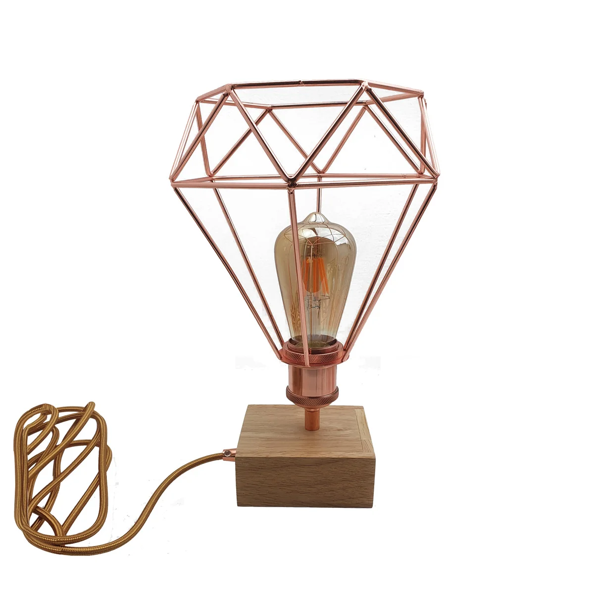 Rose gold table lamp with geometric wire cage design and slim base, suitable for bedside or desk use, LED compatible
