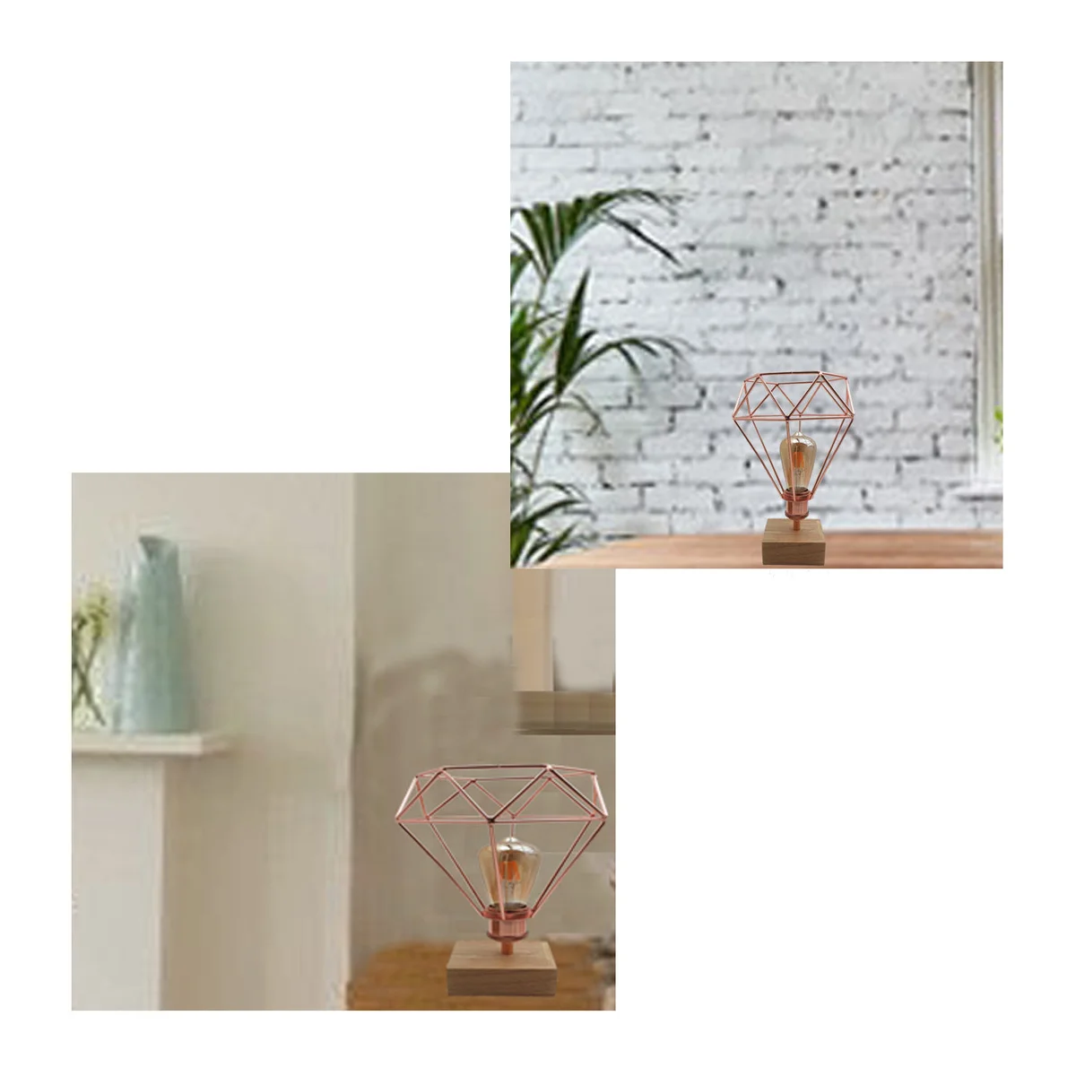 Rose gold geometric wire cage lamp with diamond pattern and slim base, ideal for bedside or desk lighting