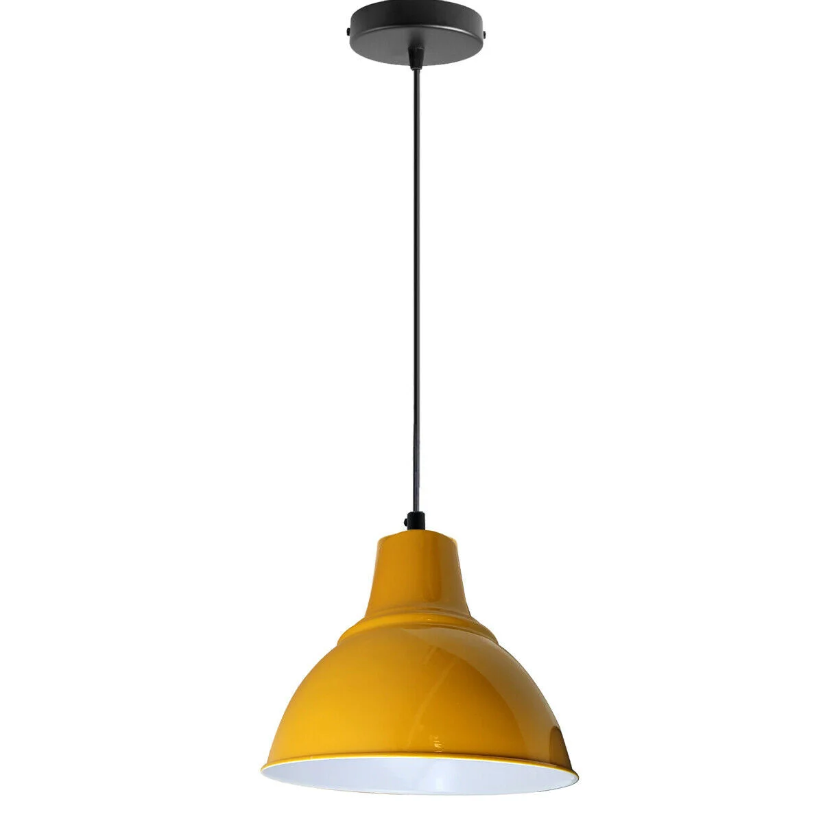 Yellow metal vintage pendant lamp with E27 bulb hanging from ceiling rose and adjustable cable