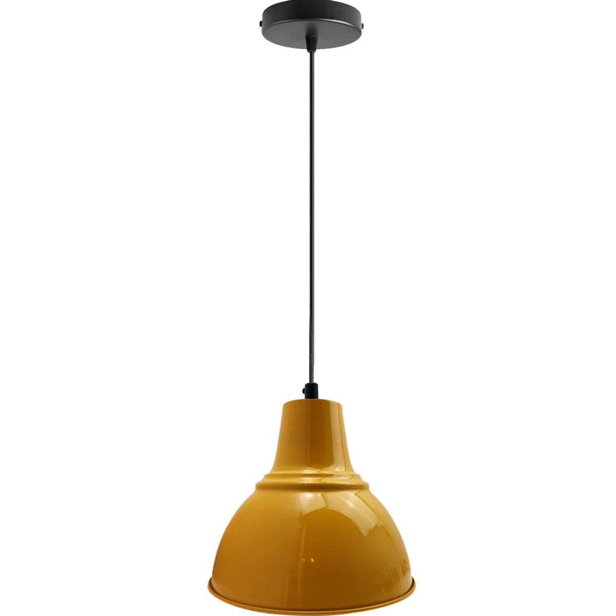 Yellow vintage style pendant lamp with metal shade and adjustable cable pendant light hanging from ceiling rose