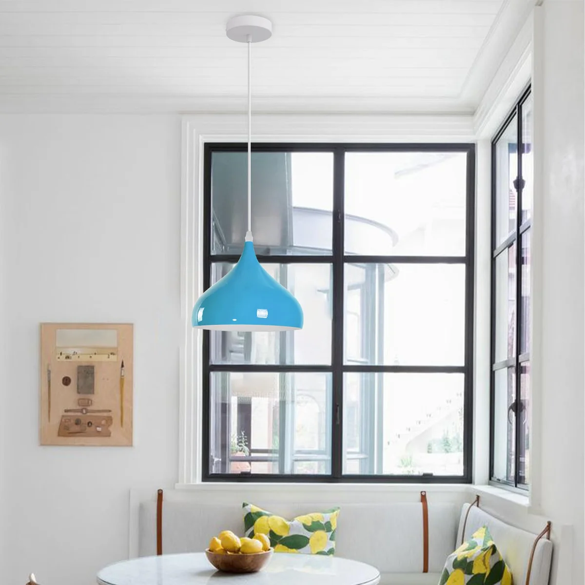 Blue industrial pendant light with metal barn style, blue shade, metal base, E27 socket, 90cm cable, recessed ceiling rose.