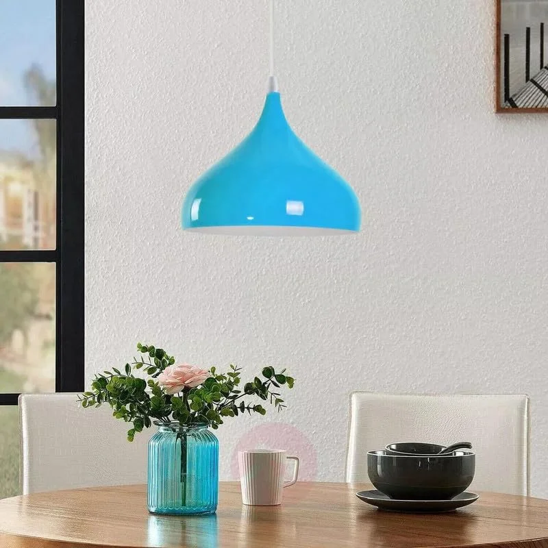 Blue metal pendant ceiling light with dome shade, adjustable cable, and wired E27 holder, ideal for indoor use.