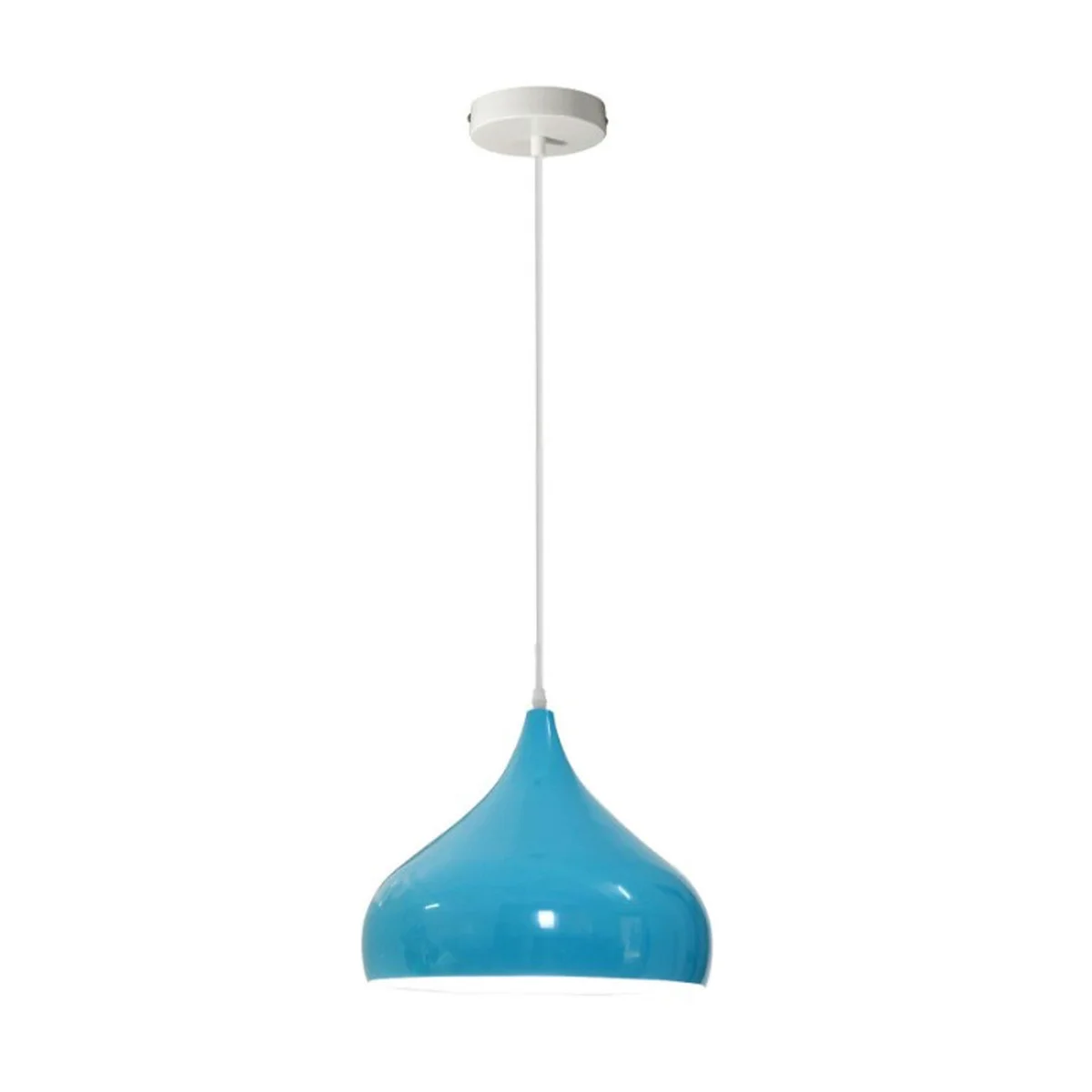 Blue industrial pendant light with metal barn style bowl shade, E27 bulb included light, 90 cm cable, 10 cm ceiling rose.