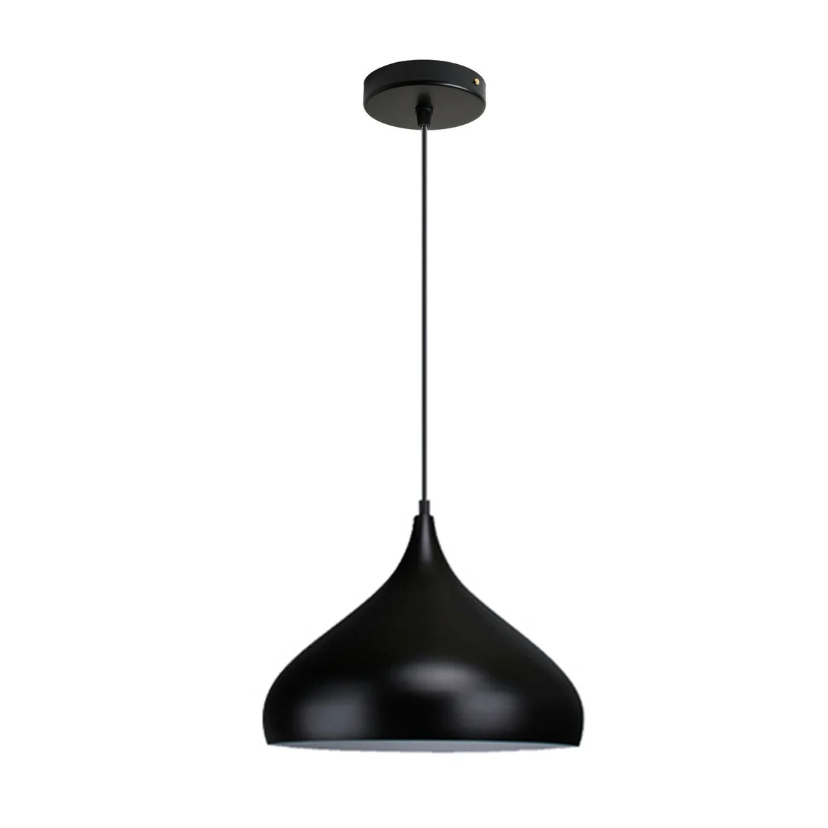 Black metal pendant light with dome shade hanging from 90‑cm cable, featuring industrial retro style