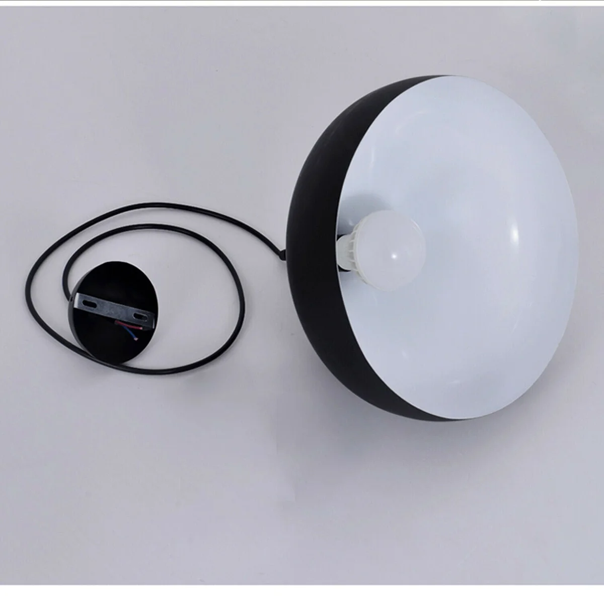 Retro industrial ceiling light: black metal barn pendant with dome shade, 10cm rose, 90cm cable, mounted on ceiling.