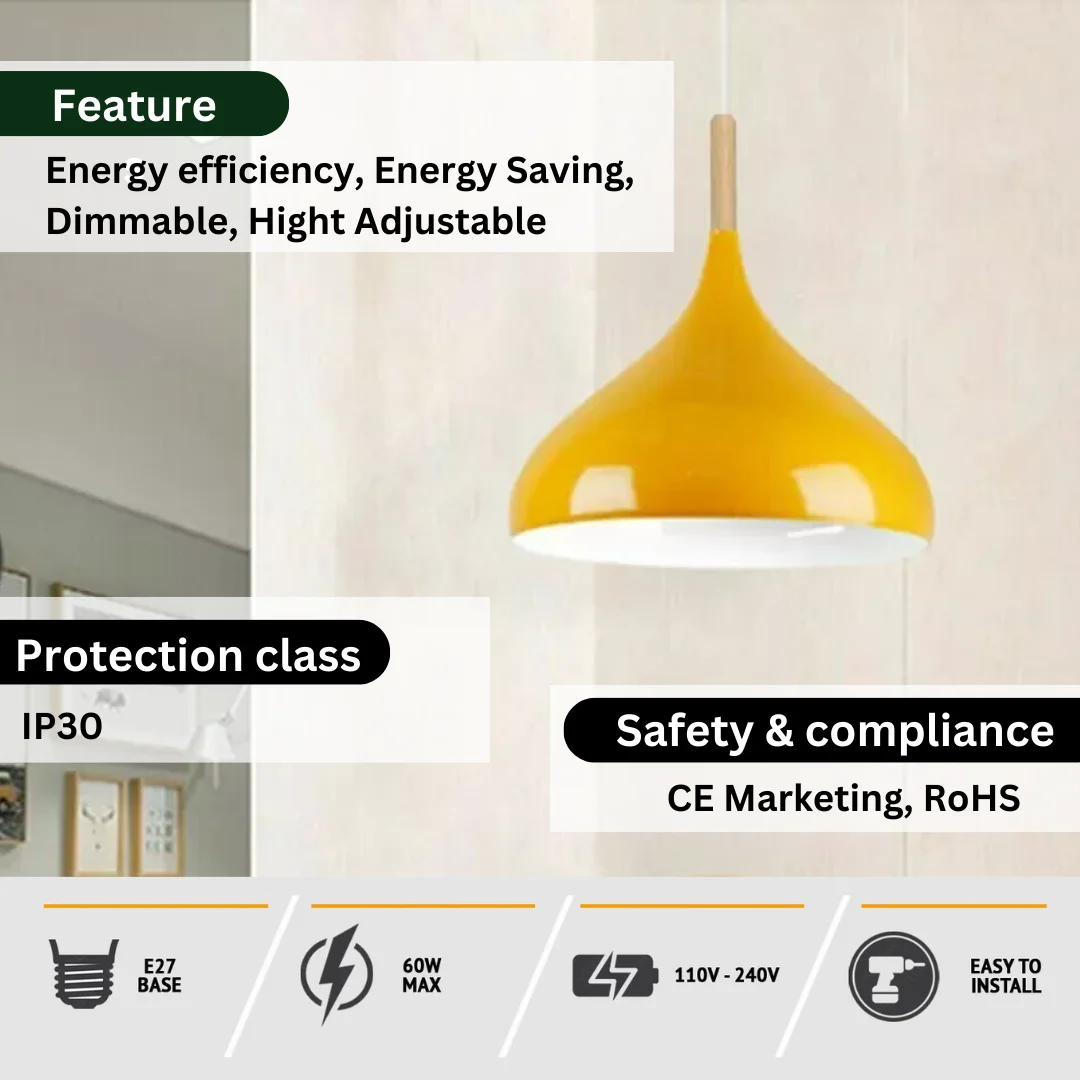 Metal pendant lamp with yellow dome shade, metal base, white cable, hanging in a kitchen/cabin setting.