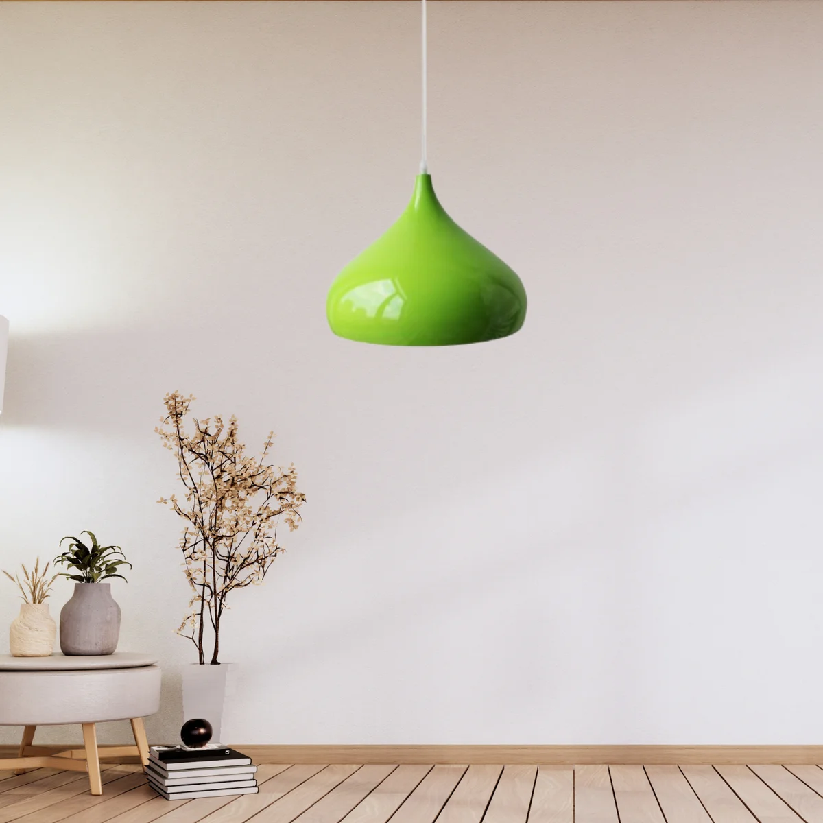 Green metal industrial pendant light with dome shade hanging from ceiling, vintage style with adjustable cable and E27 bulb included
