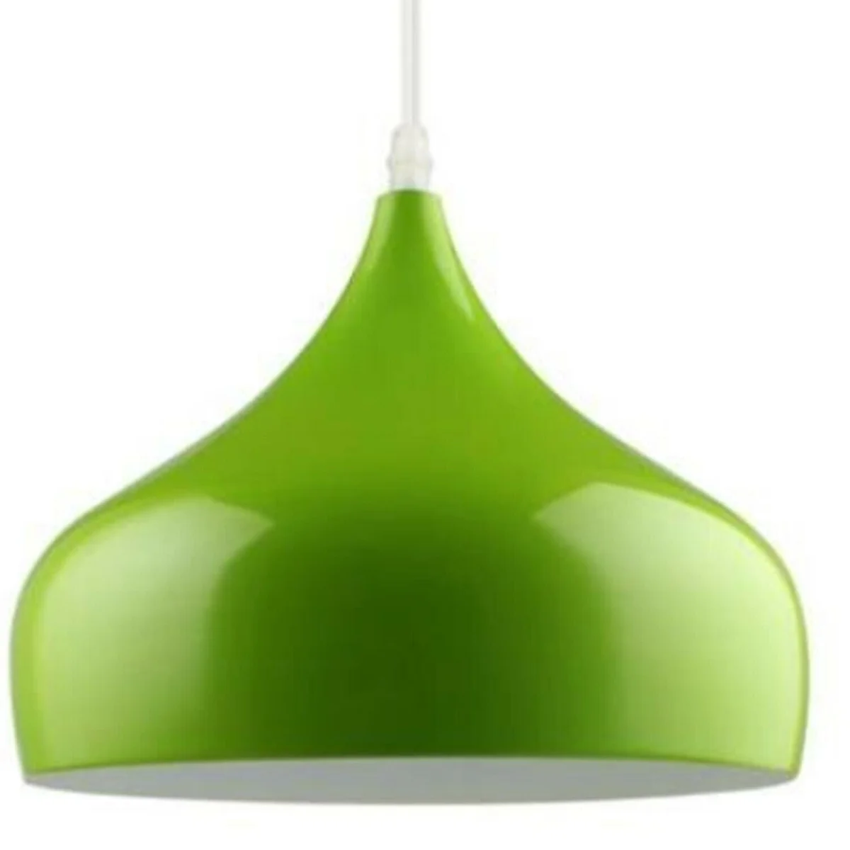 Green metal dome pendant light hanging from ceiling, showcasing retro industrial lighting style with adjustable cable