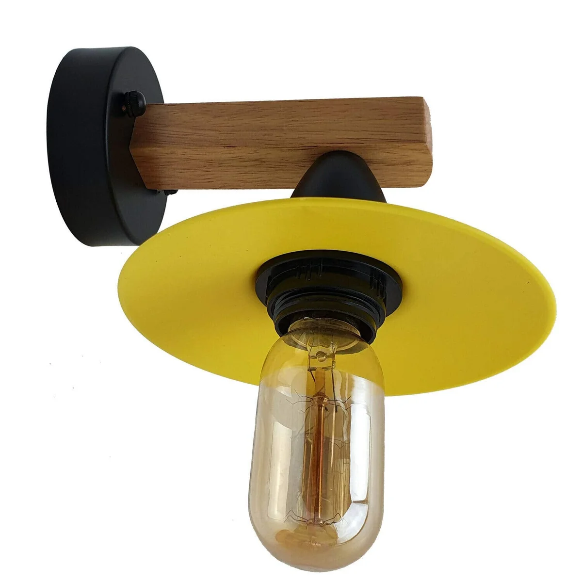 Modern vintage wall light with wooden base, PVC shade, and exposed hardware, suitable for bedrooms or hallways