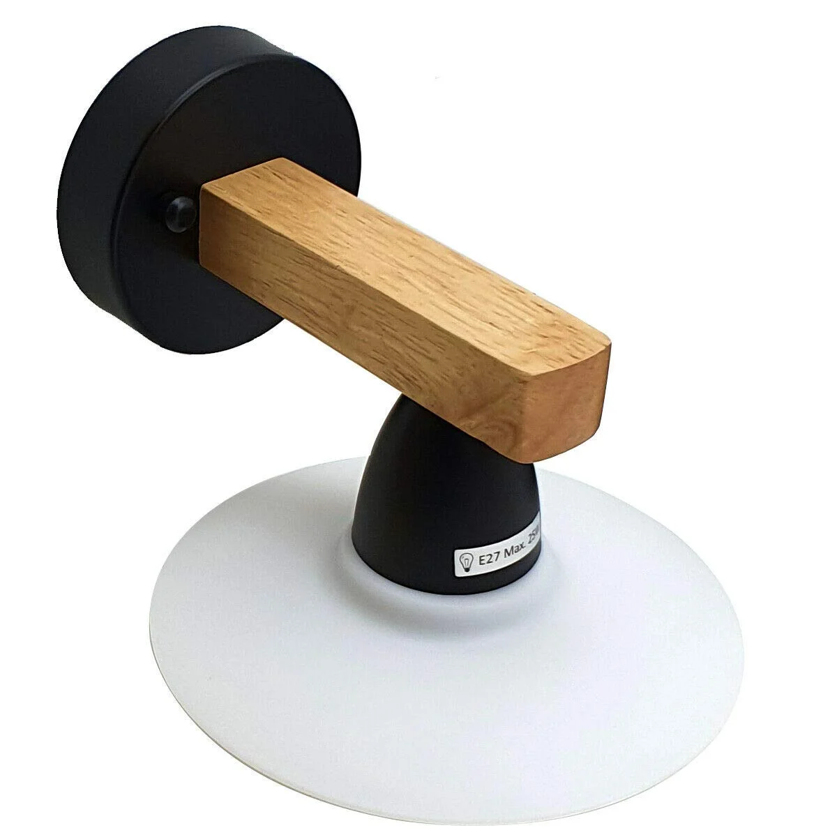 White retro wall light with metal and wood materials, modern style, and 15cm square lampshade mounted on a wall bracket