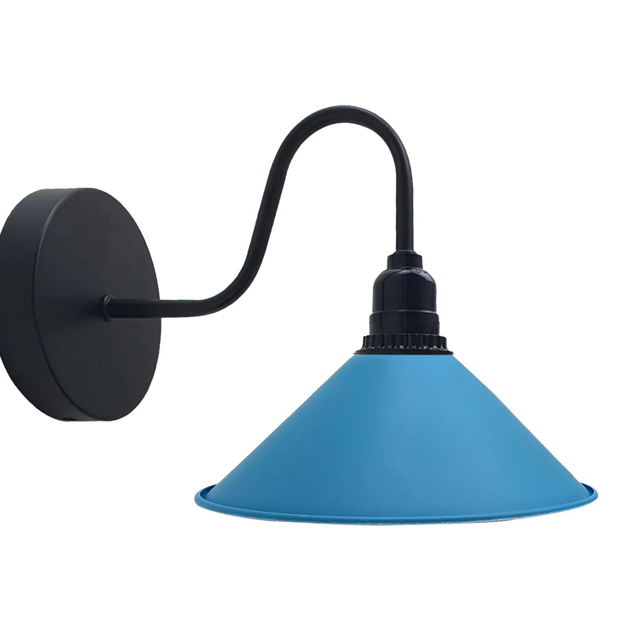 Blue wall light shade with metal retro design mounted on a wall, featuring industrial brushed finish and round base
