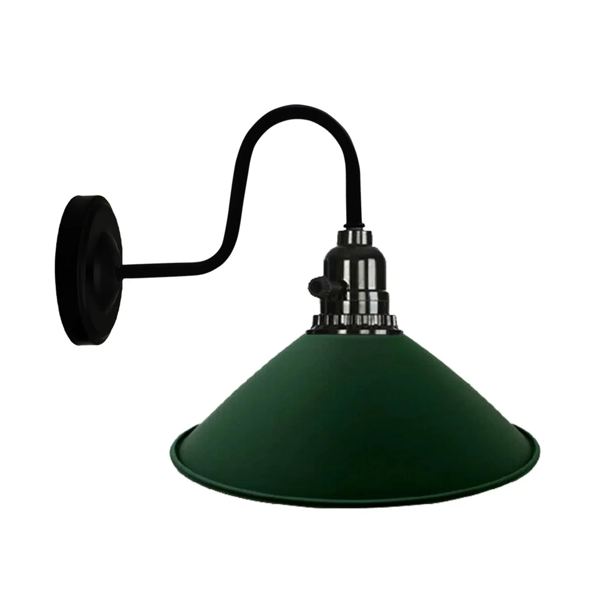 Blue vintage metal shade modern kitchen wall light with round base and on/off switch mounted on white wall