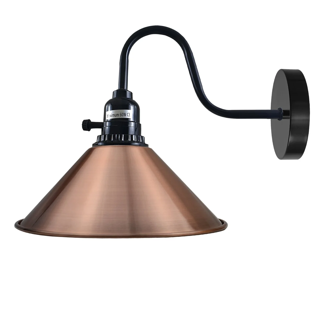 Blue metal wall light with retro shade and round base mounted on white wall, industrial brushed finish, E27 holder visible
