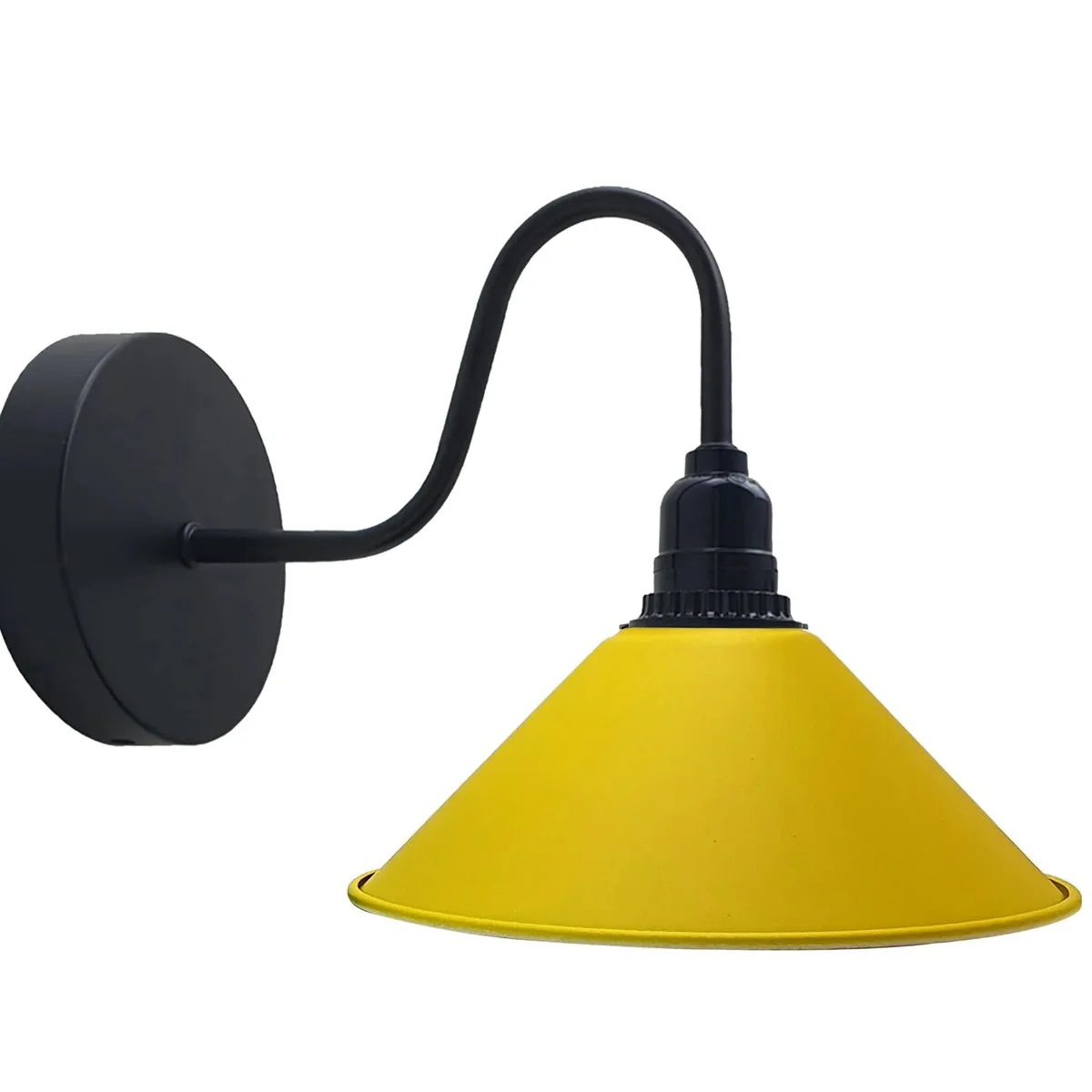 Blue metal wall light with retro shade and brushed finish mounted on a round base with on/off switch