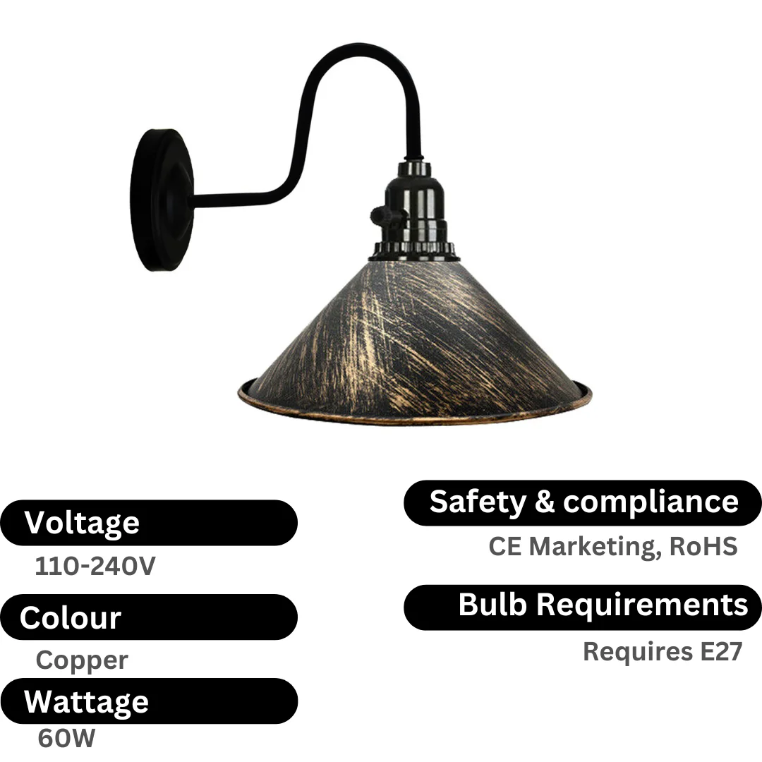 Copper metal wall lamp with retro shade, on/off switch holder, and sturdy round base for indoor use.