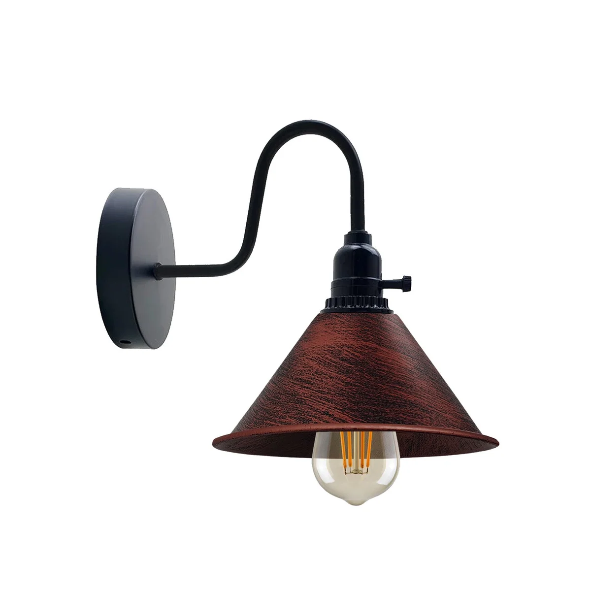 Rustic red cone-shaped metal wall light with brushed copper finish and on/off switch on round base