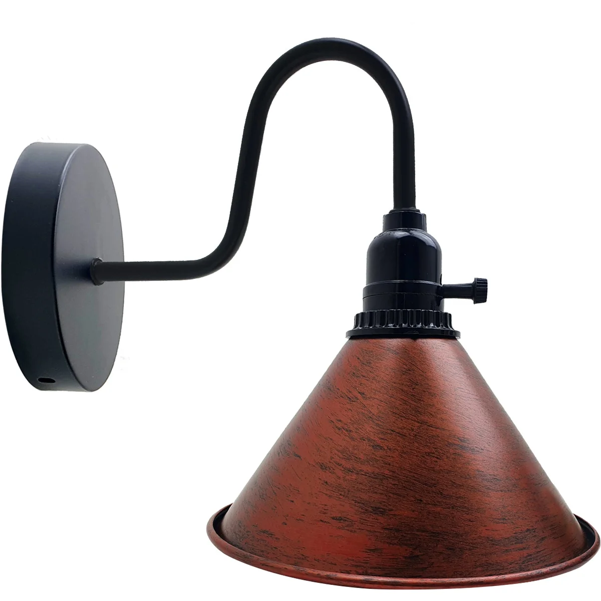 Rustic red cone-shaped indoor wall lighting with brushed copper base and on/off switch mounted on white wall