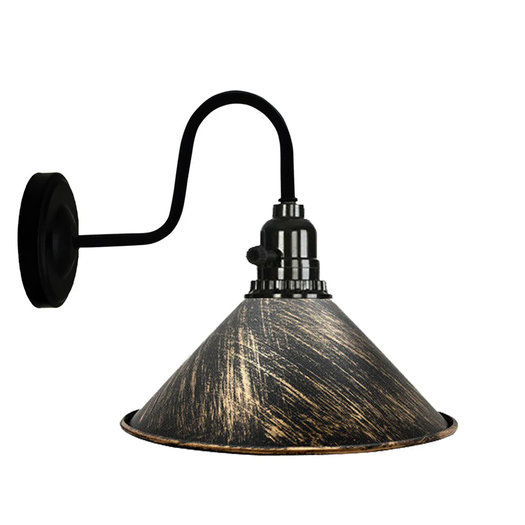 Rustic red cone-shaped living room wall lamp with brushed copper base and on/off switch mounted on wall