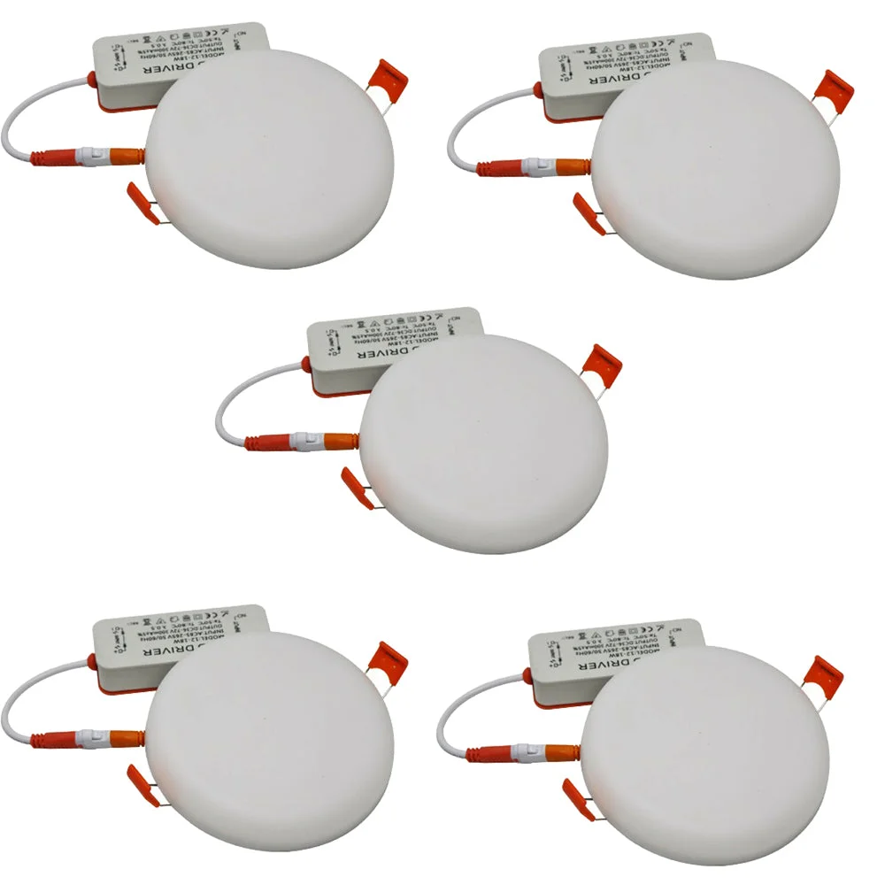 Ultra thin LED panel light with slim round design, cool white 6000K glow, and integrated LED driver for recessed ceiling installation
