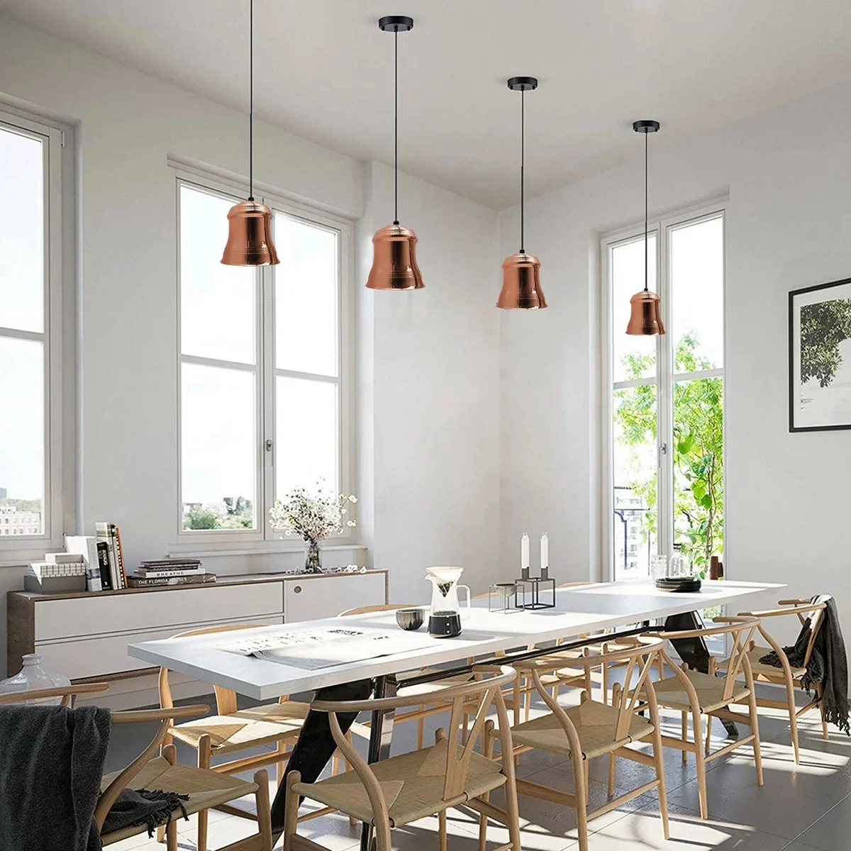 Rose gold pendant light with industrial style metal lampshade and 1m black PVC cable hanging from ceiling plate