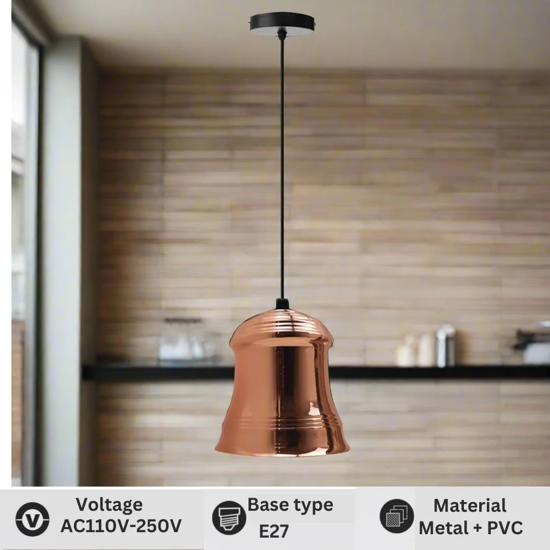 Rose gold industrial pendant lamp shade with E27 lamp holder and 1m black PVC cable hanging from ceiling plate