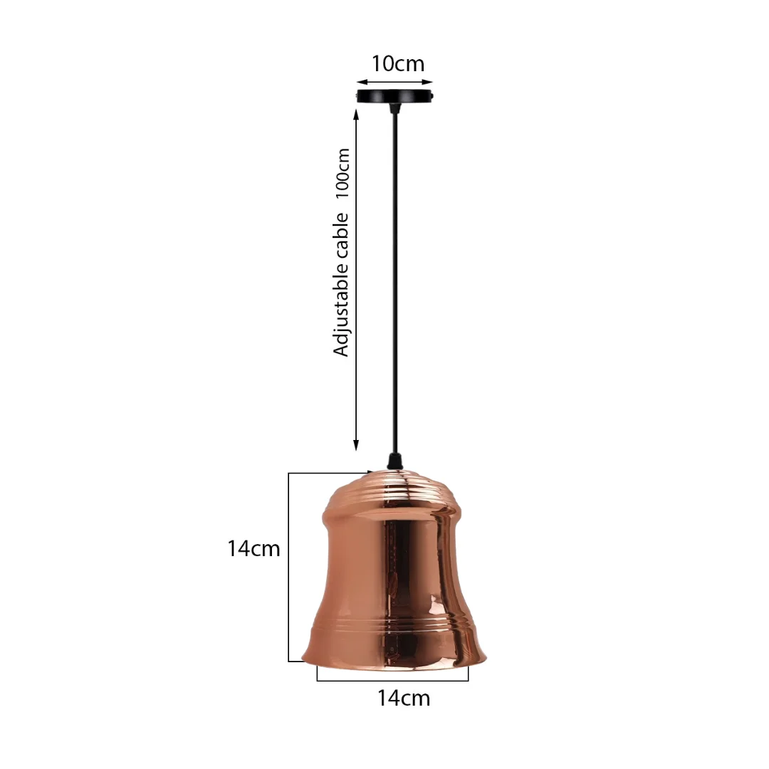 Rose gold metal pendant lamp with industrial style, E27 base, black PVC cable, and ceiling rose shown hanging against white background