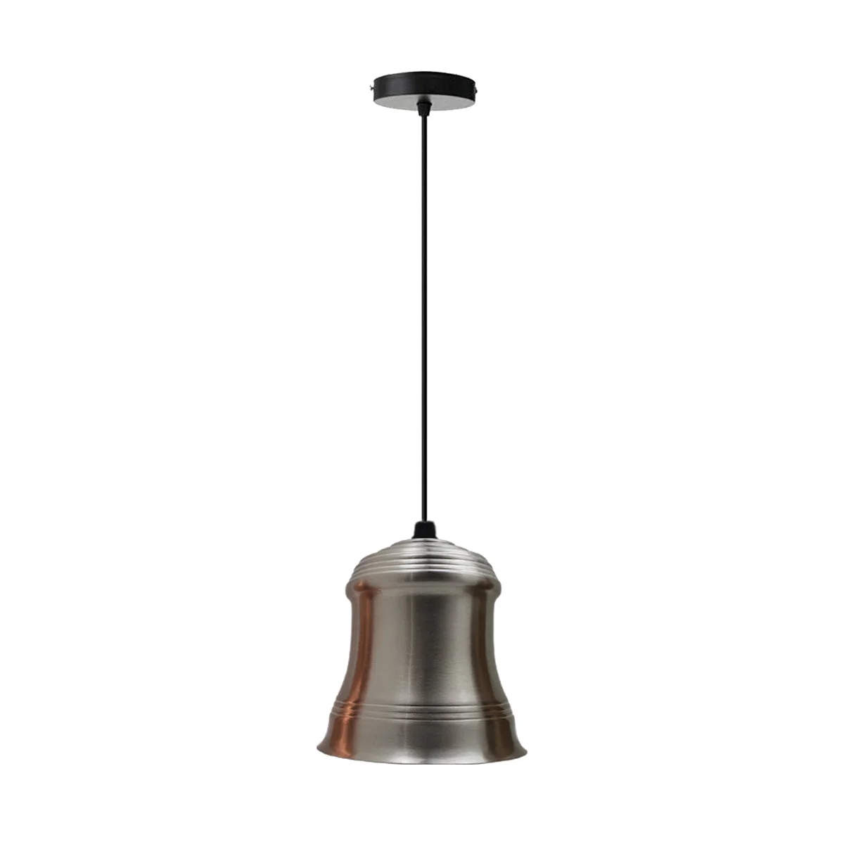 Retro pendant light with satin nickel finish and metal shade hanging from black PVC cable against white background
