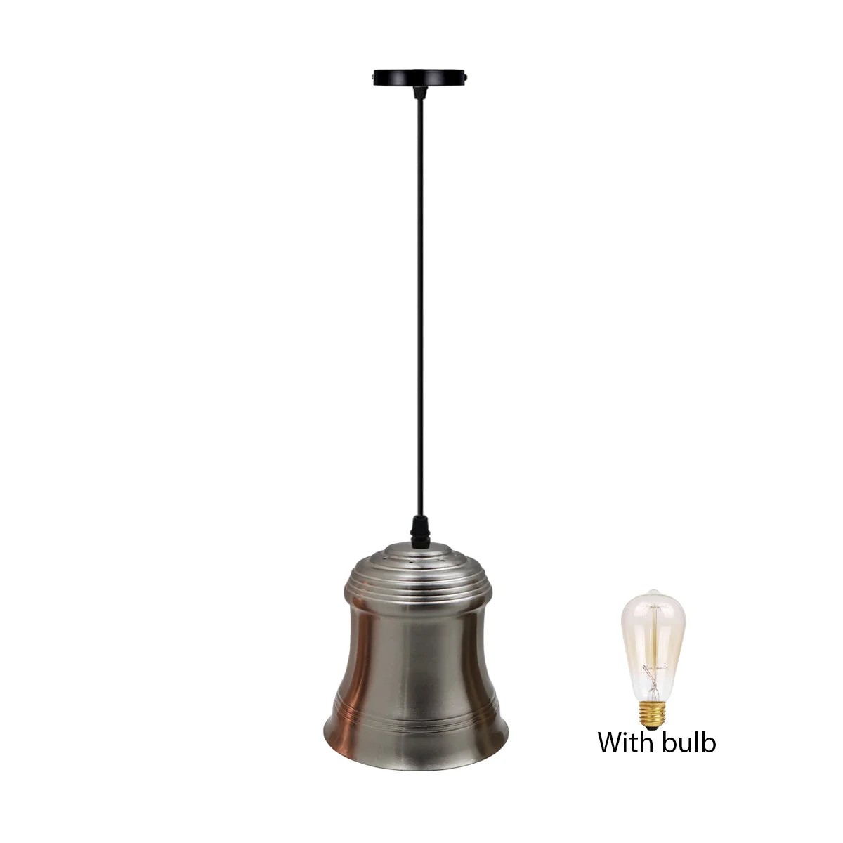 Retro style satin nickel pendant light with metal shade and 1m black PVC cable, E27 lamp holder, ceiling plate included