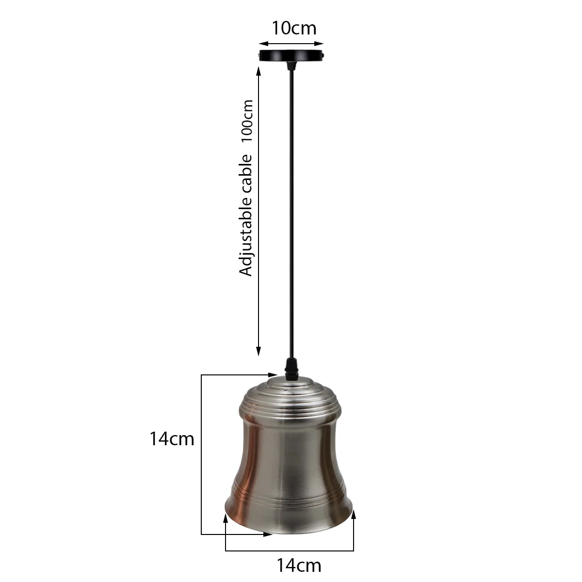 Retro style satin nickel E27 pendant lamp with metal shade and 1m black PVC cable hanging from ceiling plate