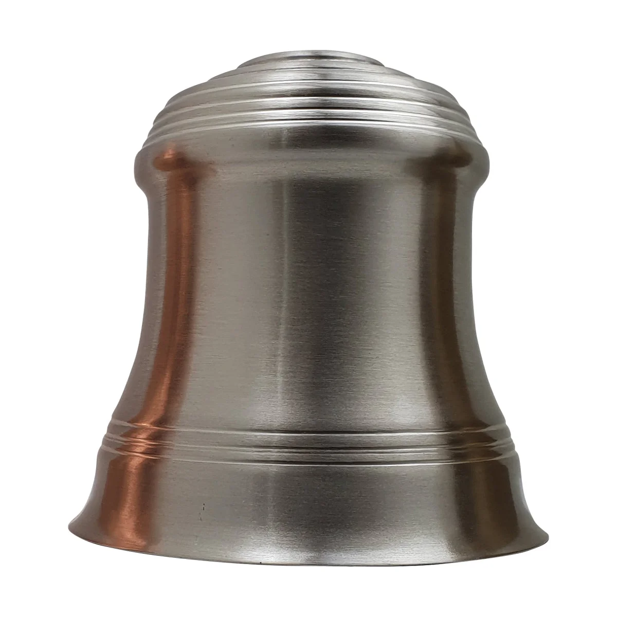 Retro style metal ceiling light with satin nickel finish and black PVC cable hanging against white background