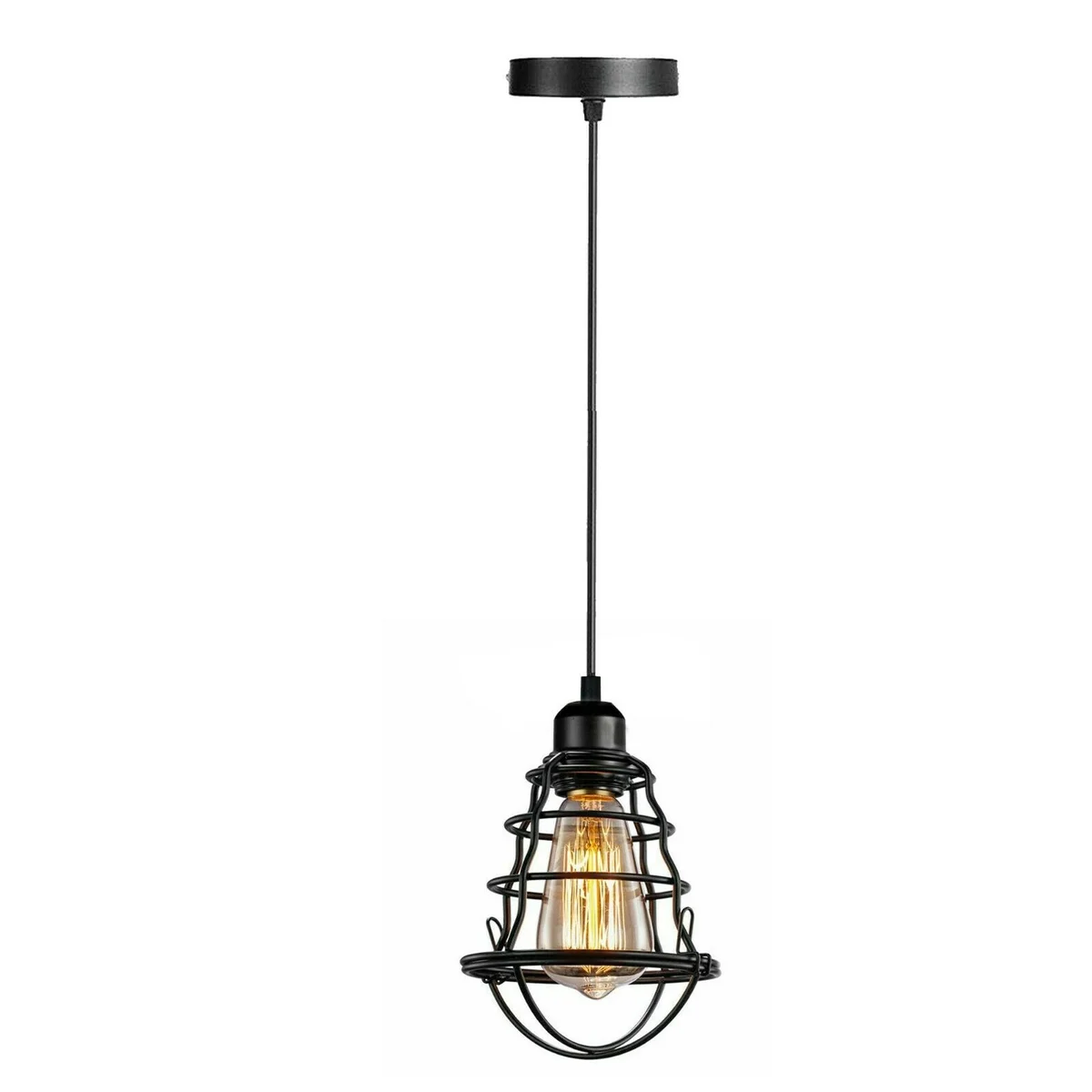 Industrial pendant light with metal bird cage design, iron frame, and E27 bulb holder, 25cm height, rustic style ceiling light