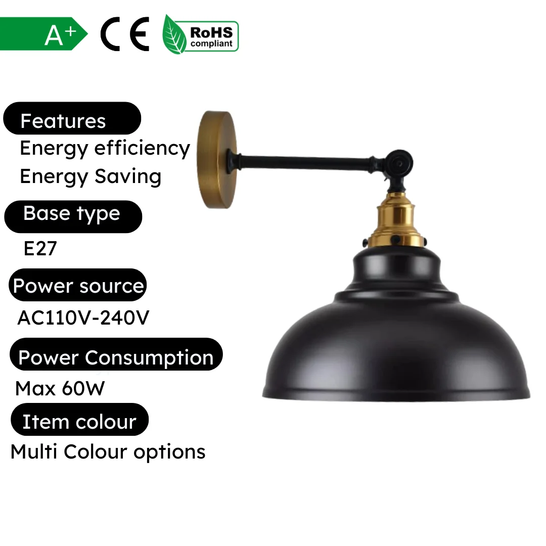 Industrial curvy metal shade E27 Edison wall lamp with glossy finish, mounted on indoor wall, vintage industrial style