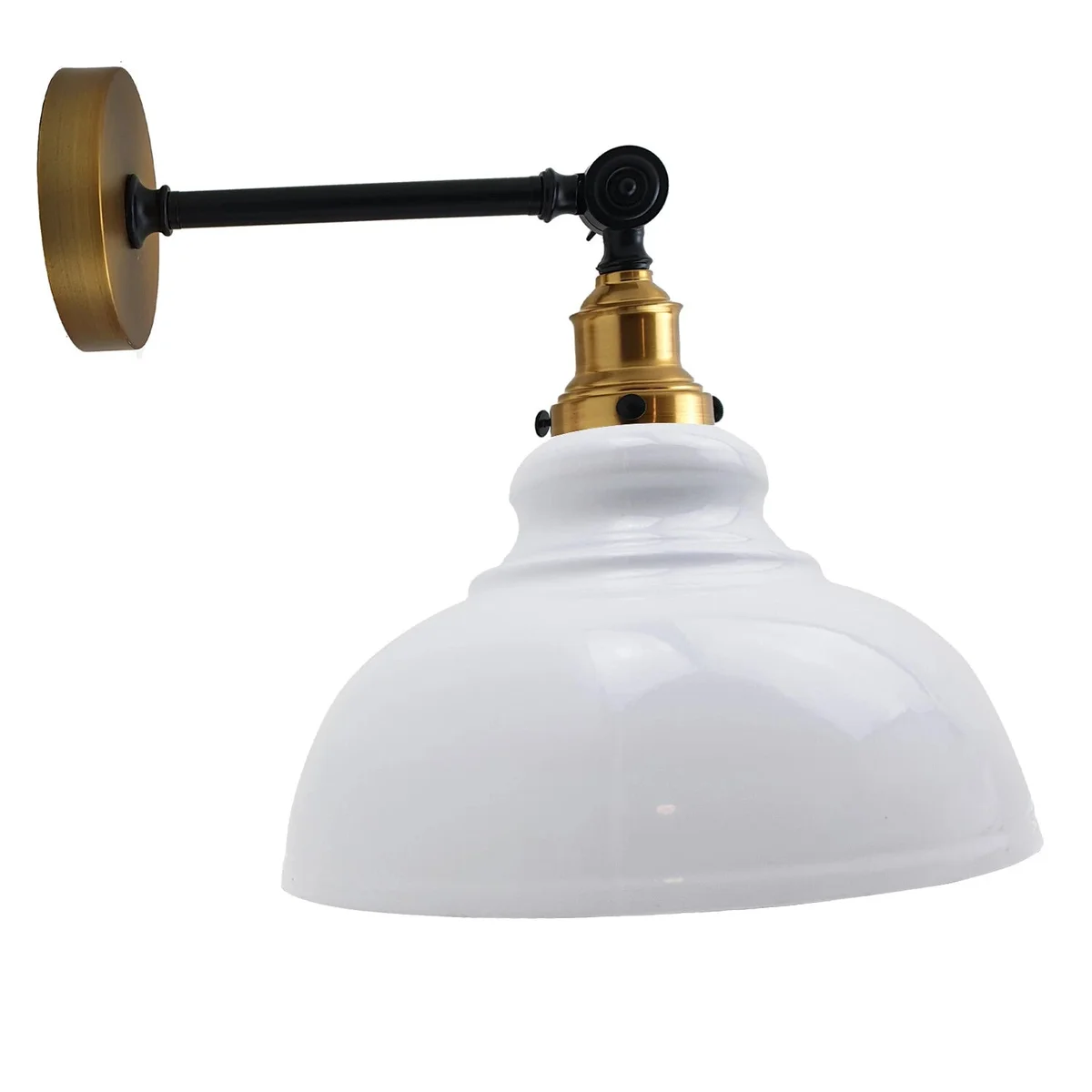 Industrial hardwired wall light with curvy metal shade and glossy finish, styled for modern vintage interiors