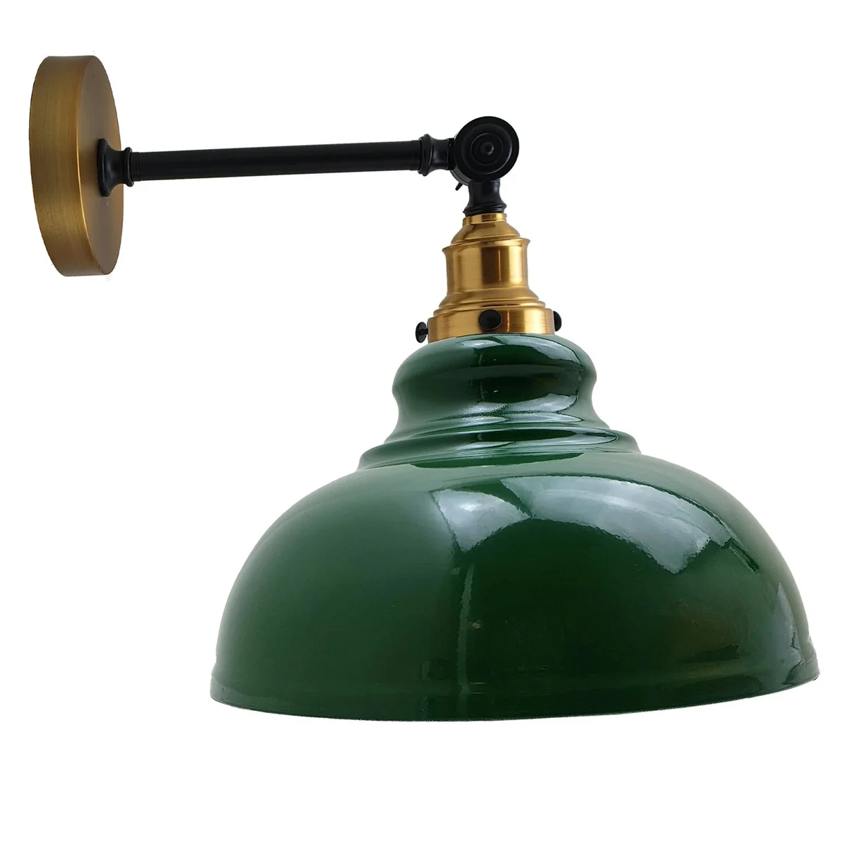 Curvy metal shade industrial wall light with glossy finish mounted on indoor wall, hardwired with wall switch control