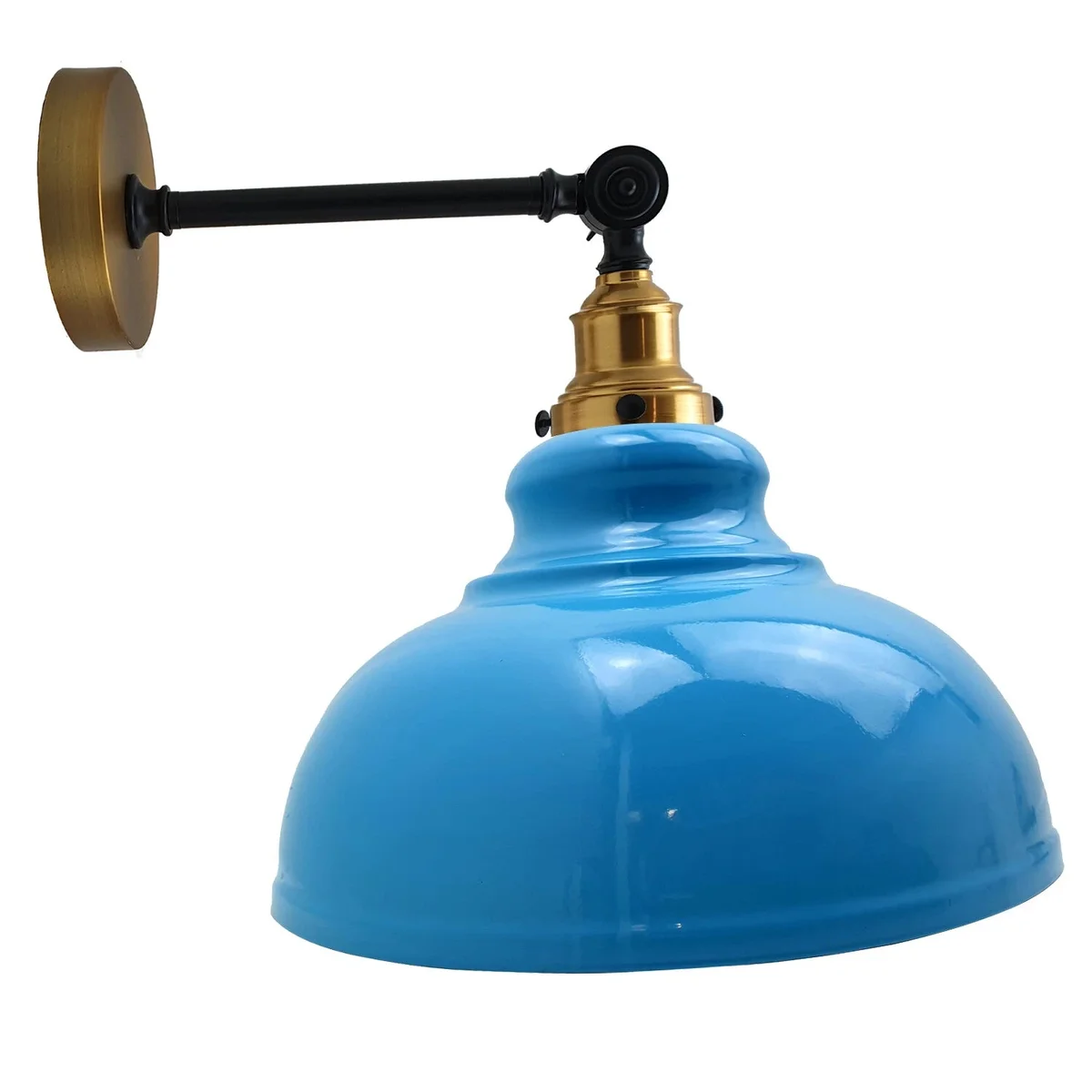 Curvy metal industrial wall light with glossy finish and E27 bulb, mounted indoors on white wall